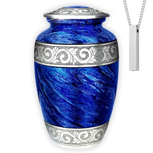 AmericUrn Set of 2 Eternal Blue Cremation Urn for Human Ashes – Adult Male & Female 1 Large Urn with 1 Memorial Necklace