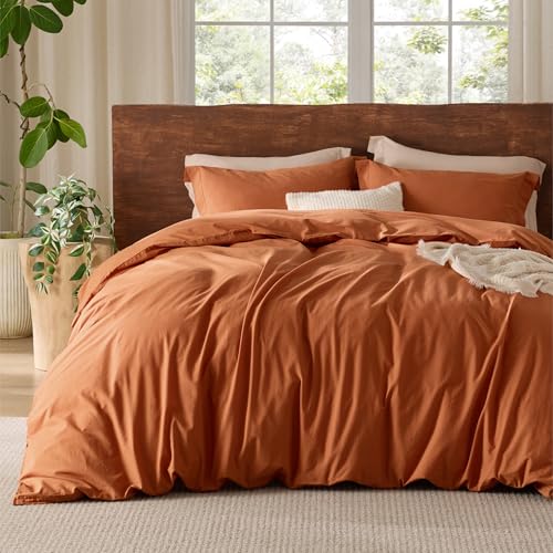Bedsure 100% Washed Cotton Duvet Cover Queen Size - Burnt Orange Minimalist Cotton Duvet Cover Linen Like for All Seasons - GentleSoft™ Plain Simple Bedding (Burnt Orange, Queen, 90"x90")