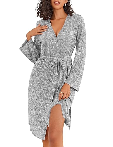 Image of Ekouaer Robe for Women Ribbed Knit Bathrobe Soft Knee Length Kimono Robes Ladies Sleepwear with Pockets S-XXL