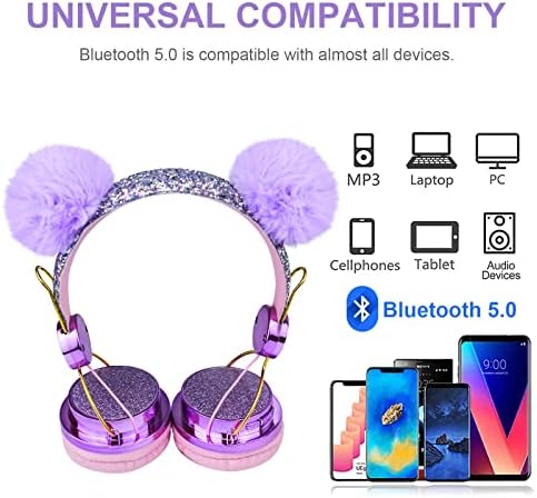 Kids Headphones Wireless, Girls Bluetooth Headphones w/Fluffy Ear, Adjustable Children Headphones Over Ear Headphones with Mic for Teens/iPhone/iPad, w/Unicorn Gift Box for Birthday Xmas (purple)