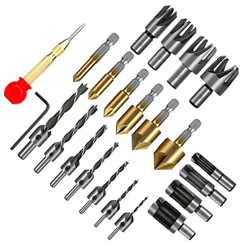 23Pcs Woodworking Chamfer Countersink Drill Bit Set 6Pcs 1/4 Inch Hex 5 Flute 90 Degree Countersink Drill Bits 7Pcs Three Pointed Countersink Drill Bit 8Pcs Wood Plug Cutter and Automatic