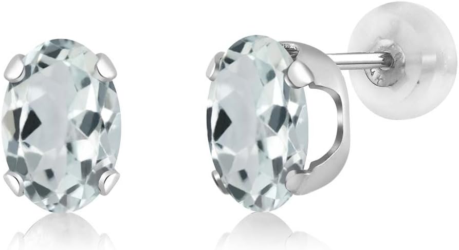 Gem Stone King 14K White Gold Gemstone Birthstone Stud Earrings | Oval 7X5MM | 14K Silicone Push Back | Gold Earrings For Women Men