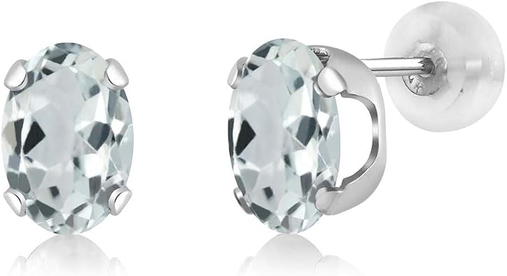 Gem Stone King 14K White Gold Gemstone Birthstone Stud Earrings | Oval 7X5MM | 14K Silicone Push Back | Gold Earrings For Women Men