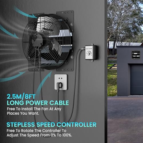Image of HG Power 12 Inch Attic Fan with Speed Controller, 971 CFM Shutter Exhaust Fan with EC Motor, Wall Mounted Greenhouse Fan for Shed, Basement, Gable, Chicken Coop Ventilation Use, Black