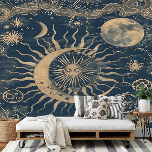 COSKTIARL Papel Pintado - Retro Fotomural Papel Pared Sol Y Luna Autoadhesivo Pared Adhesivo Para Muebles Dormitorio Salon Habitación 250 X 175 Cm