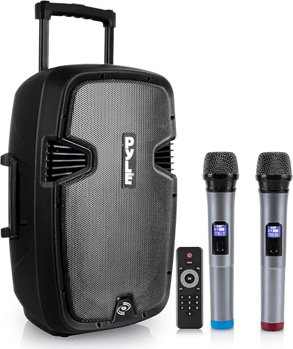 Pyle Karaoke Portable PA Speaker System - 1600W Active Powered Bluetooth Compatible Speaker, Rechargeable Battery, Easy Carry Wheels, USB MP3 RCA, FM Radio, 2 UHF Microphone, Remote - Pyle PPHP1599WU