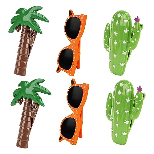 CAIRIAC Sunglasses Beach Towel Clips, Cactus Windproof Plastic Clothespins, Coconut Tree Towel Laundry Clips for Beach Chair Pool Picnic Camping (6 Pcs, Brown, Orange, Green)