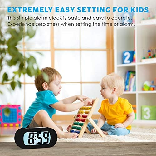 Plumeet Digital Alarm Clock Travel Clock with Snooze and Nightlight - Easy to Set Simple Bedside Alarm Clocks for Kids - Ascending Sound - Battery Powered (Black)