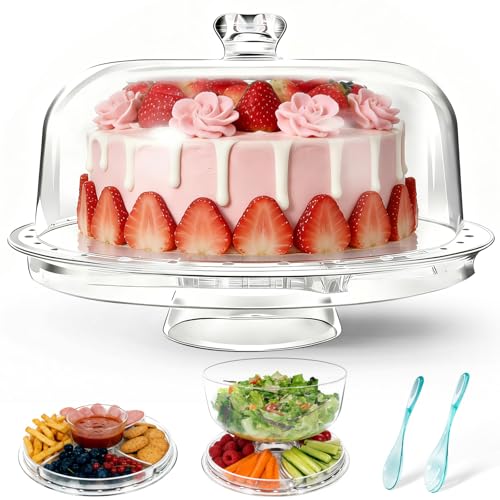 MASTERTOP Cake Stands with Dome Lid, 6 in 1 Multi-functional Cake Serving Platter Snack Fruit Server, Salad Punch Bowl for Kitchen, Party, BBQ, Picnic - Clear