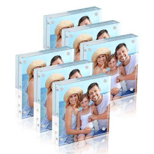 HOUSE DAY Acrylic Picture Frames 4x4, 6 Pack Magnetic 4 x 4 Picture Frame, Double Sided Clear 4x 4 Photo Frame with Microfiber Cloth, Frameless FreeStanding 4x4 Frame Gift for Desktop Display