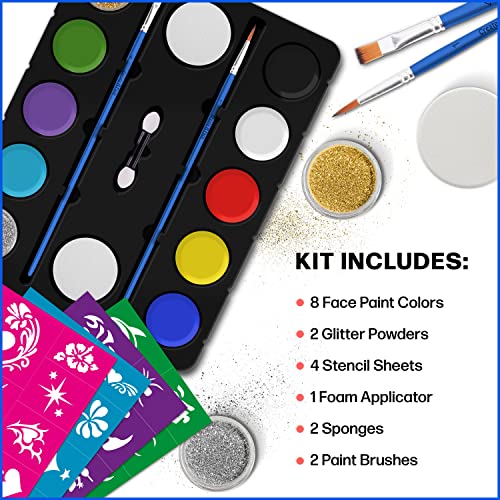 Face Painting Kit For Kids - 32 Stencils, 8 Water Based Face Paint Colors, 2 Brushes, 2 Glitters, 2 Sponges & 2 Applicators - Video Tutorials & Ebook - 100% Safe, Easy On And Off #TOP3