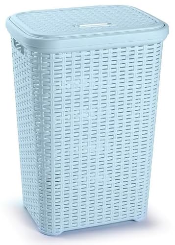 60 Litre Large Blue Plastic Laundry Basket with Lid Rattan Washing Clothes Storage Hamper Bin