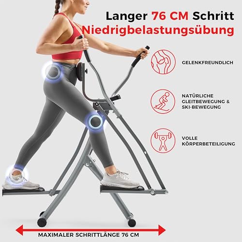 Sunny Health & Fitness Air Walk Crosstrainer für Zuhause, Gelenkschonender Klappbarer Elliptical mit 76 cm Schrittlänge für das Heimtraining, Ultraleiser und Glatter, 100 KG Max User Gewicht