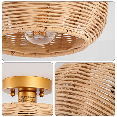 Mhytogn Wicker Light Fixture, Woven Rattan Bamboo Antique Brass Brush Paint Finish Globe Flush Mount Ceiling Light For Entryway Bedroom Hallway Kitchen Corridor Passway #TOP4