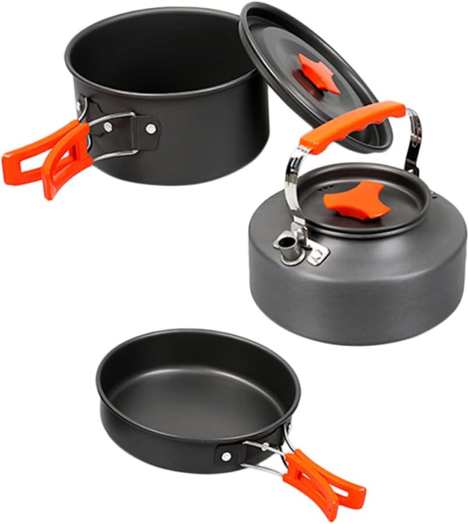Portable Camping Cookware Set Compact Outdoor Frying Pan and Pot for Hiking Backpacking and Picnics Lightweight Person Utensil Kit with Teapot Orange