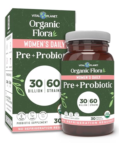 Vital Planet - Organic Flora Probiotics for Women Womens Daily Shelf Stable Probiotic 30 Billion CFU 60 Diverse Strains Prebiotic Organic Mushroom Blend Immune and Digestive Health 30 Capsules