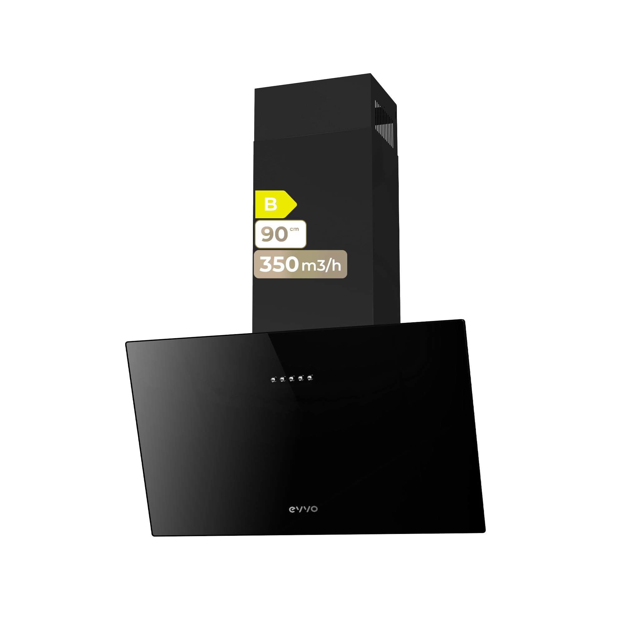 EVVO Campana Extractora 60cm Decorativa, Potencia 350 m³/h, Filtro 3 Capas Aluminio y Carbón Activo, Luz LED, 3 Velocidades, Eficiencia energética B, Acabado Cristal Negro