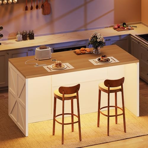 Homiflex Kitchen Island with Storage, 63\" W Large Island Table with Trash Can, Farmhouse Kitchen Islands with Power Outlet/LED, Rolling Cart with Spice Rack for Dining Room, White