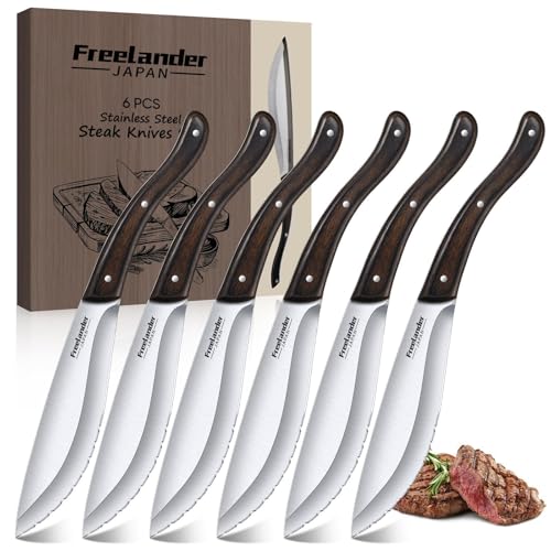 Freelander Handmade Forged Steak Knives Set of 6, Serrated Cutters for Meat Cutting, Stainless Steel Steak Knife Set Blades with Wooden Handles, Elegant & Aesthetic Design