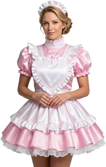 Pink Satin Heart Neckline French Maid Dress Lockable Cosplay Costume Custom Size