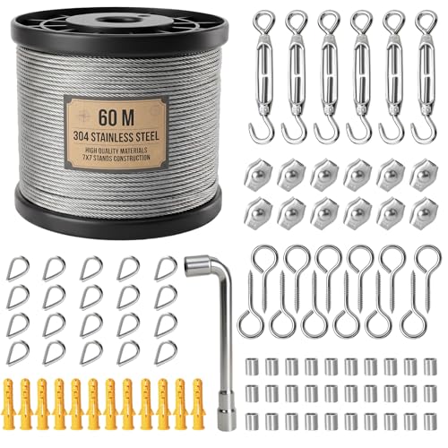 94 Pièces Kit de Câble Métallique en Acier Inoxydable 304, 60M 2 MM Recouvert de PVC avec Tendeur Cable Inox, pour Plantes Grimpantes, Clôture, Treillis,...