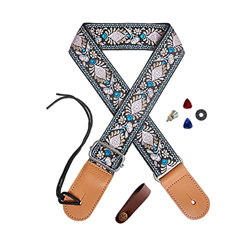 Farcaya Ukulele Strap Jacquard Flower Cotton For Soprano Concert Tenor Baritone Banjo Mandolin Leather Ends Uke Strap, Musical Instrument Accessories Picks Neck Strap Lock Button(White Flower) #TOP5