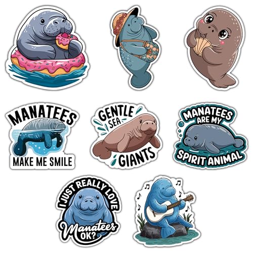 Image of Manatee Sticker 8 Pcs (Large Size) Vinyl Stickers Laptop Waterproof Decal for Car Bumper Water Bottle Notebook Luggage Window Funny Party Birthday Decorations - Size 4 Inches