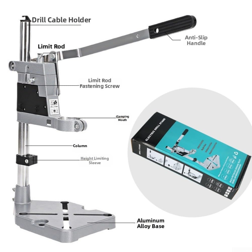 Support de perceuse réglable, 40 x 22,5 x 15 cm, support de base en aluminium pour perceuse manuelle avec colonne solide et vibrations minimales, convient pour les amateurs de bricolage et les