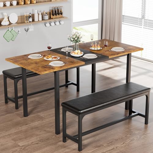 Comparison: Best Dining Sets For Small Spaces 7 VECELO 3-Piece 63" Extendable Kitchen Table with Benches/Chairs, Modern Breakfast Dinette/Dining Room Set for 4/6/2, Small Space Saving Design, Easy Assembly