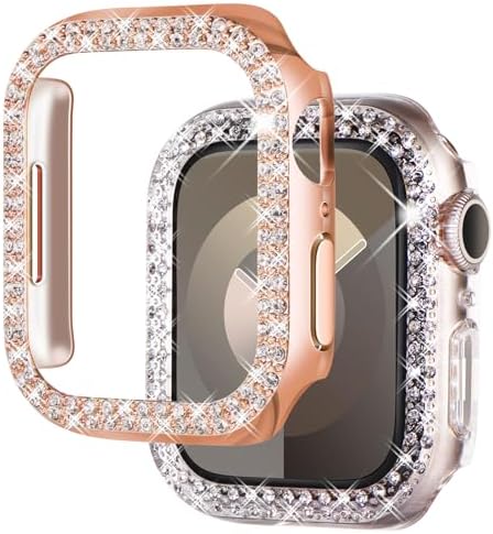 NewWays 2-pack Women Bling Cases Compatible with Apple Watch 44mm Series 6/5/4/SE(2023-2020) Without Protective Film,Overall Protective Bumper Diamond Case for iWatch 44mm(RoseGold+Clear)
