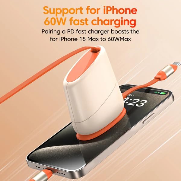 Image of Off White Desktop Retractable Single Pull Fast Charging Cable USB-C to Lightning - Tangle-Free 1.2m iPhone Charger | Premium Aesthetic Desk Cable for iPhone