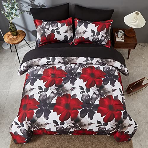 Zeimon 7 Piece Bed In A Bag Queen Floral Comforter Set, Black And Red Botanical Flowers Leaves Comforter And Sheet Set, Soft Lightweight Microfiber Bedding Sets For All Season(Black,Queen) #TOP1