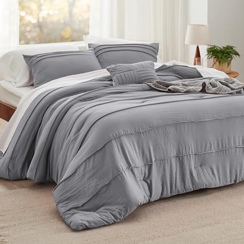 Image of Bedsure Full Comforter Set - 4 Pieces Pinch Pleat Bed Set, Grey Boho Bedding for All Season, 1 Soft Comforter, 2 Pillowcases, 1 Decorative Pillow