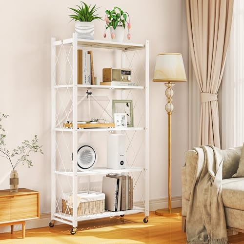 Image of 5-Tier Folding Metal Storage Rack - 63 inch Heavy-Duty Steel Frame with Wheels, No Assembly Utility Organizer, Rolling Shelving Unit for Kitchen, Garage, Pantry, Bedroom (White, 5 Tier)