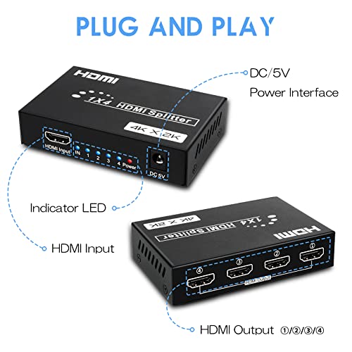 Miniatura 4 de 1x4 Splitter Hdmi 4 Puertos, Divisor Hdmi 1 Entrada 4 Salidas Distribuidor De Audio Y Video, Admite 4k 30hz, 3d, 1080p, Hdcp Para Ps4 Xbox Hdtv Proyector Dvd