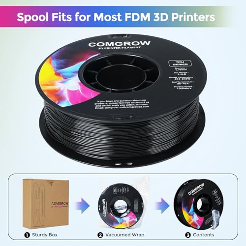 Image of Comgrow TPU Filament, 1.75mm, 95A Soft TPU Flexible 3D Printer Filament Black 1kg (2.2lbs), Dimensional Accuracy + /- 0.02 mm, Fit Most FDM Printer