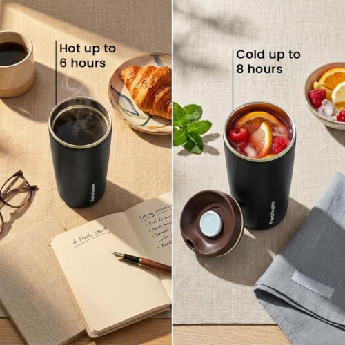 Image of Frenchware AeroMug Insulated Stainless Steel Coffee Tumbler, 600 ml | Smooth Sip Slider, Reusable, Hot & Cold Coffee Travel Mug, Carbon Black