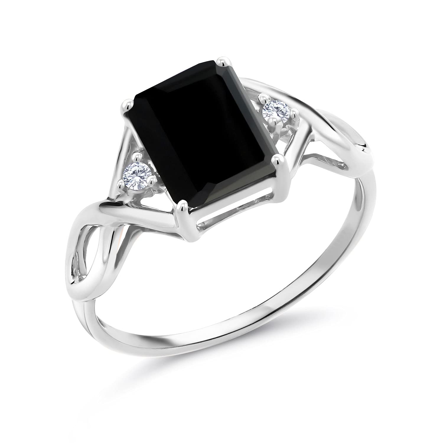 Gem Stone King 2.18 Cttw Black Onyx and White Moissanite 3-Stone Ring For Women | 925 Sterling Silver | Gemstone Birthstone | Wedding Engagement