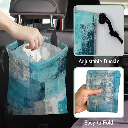 Image of Abstract Art Car Trash Bag,Turquoise and Grey Hanging Drawstring Car Garbage Bag,Waterproof Canvas Car Back Seat Organizer with Adjustable Buckle,for Vehicles,SUVs,Camping,Road Trips