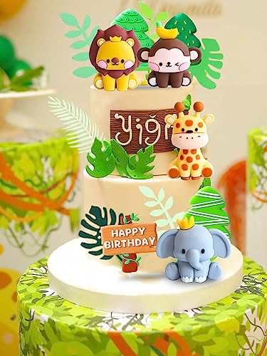 Decoración safari para tartas de cumpleaños en fiestas infantiles con león y elefante 5