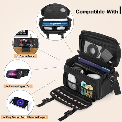 pgmoon travel bag compatible with steam deck oled legion go  go s  switch 2 tactical shoulder storage carrying case with pockets for dock ac adapter controllers