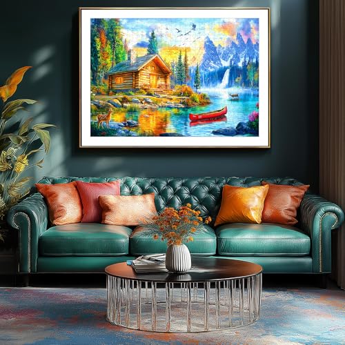 Image of 500 Piece Jigsaw Puzzle for Adults Mountain Lake Cabin Nature Forest Waterfall Deer Sunset Landscape Family Challenging Puzzles with Letters on Back Perfect for Game Night (23 inchX15 inch)