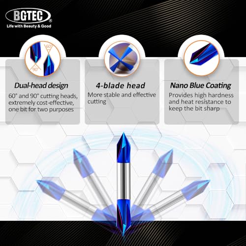 BGTEC VHM Fasenfräser 6mm Schaft 60/90 Grad Fasenfräser Entgrater, Wolframstahl 4 Flöte V Nutfräser mit Blau Nano Beschichtung, V Nut Schaftfräser für Werkzeugmaschinen und Anfasen
