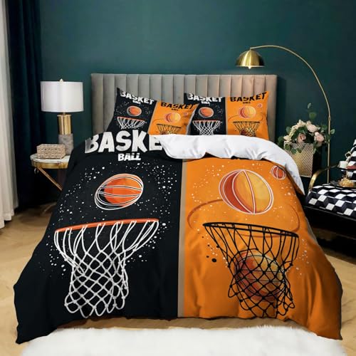 Couleur Orange Parure de Lit 240 x 220 cm, Match Basket Sportif Doux Coton Polyester Housse de Couette pour 2 Personnes avec 2 Taie d'oreiller - Entretien...