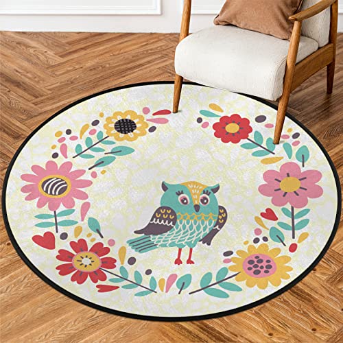Tapis rond de 91,4 cm - Lavable en machine - Motif chouette - Couleur - Antidérapant - Doux - Pour salon, chambre d'enfant