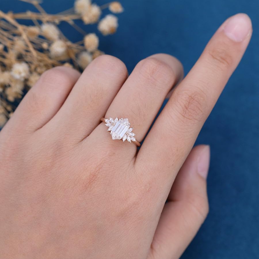 Elongated Hexagon Cut Moissanite Engagement Ring in Rose Gold Dainty Art Deco Bridal Promise Ring Vintage Wedding Ring Diamond Cluster Ring2