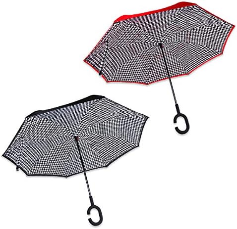 Parquet 2-Pack Double Layer Inverted Umbrellas - Black and Red Houndstooth C Shaped Handle Reverse Folding Windproof Umbrella for Men and Women