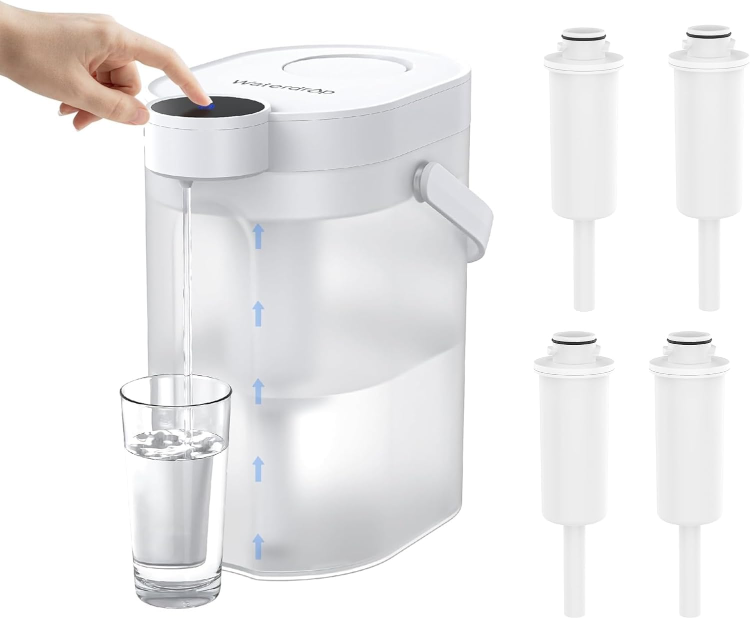 Waterdrop Instant Jarra Filtradora de Agua (4L), WD-ED06W Jarra Eléctrica con Filtro de Agua, Dispensador Filtro de Agua, Reducir 20+ Sustancias, Preserva Minerales (4 Filtro)