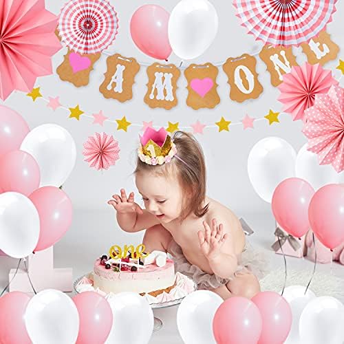 1st Birthday Decoration Kit for Girl, Baby Girl First Birthday Decorations Pink Theme Set Include Crown, Cake Topper, I AM ONE & Star Banner, Hanging Paper Fan Flowers, White & Pink Balloons