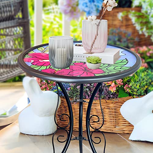 Hongland Outdoor Side Table Accent Round Painted Glass Desk For Garden,Patio, Dining Room 14 Inches(Butterfly) #TOP1
